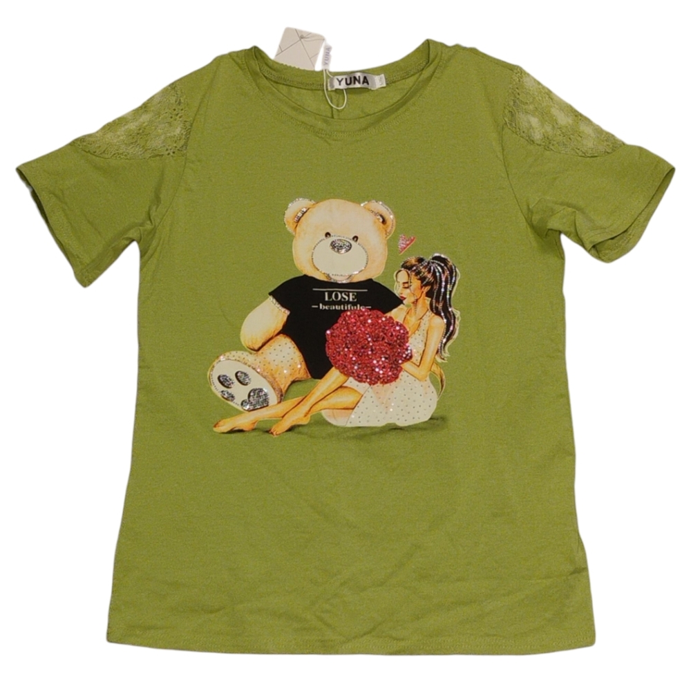 247 Yuna Rhinestone Teddy Bear Graphic Short Sleeve Shirt Blouse Kids L/XL